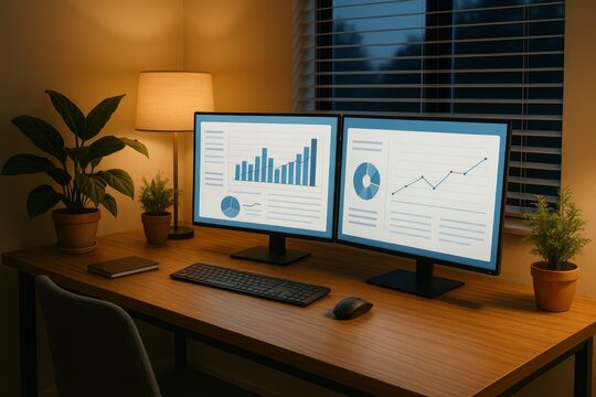 Remote work home office with dual monitors, cozy setup with plants