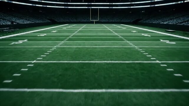 An empty American football field at night viewed from the turf towards the goalposts under bright stadium lights.