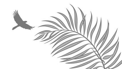 minimalist graphic illustration of a bird in flight and a stylized palm frond on a white background