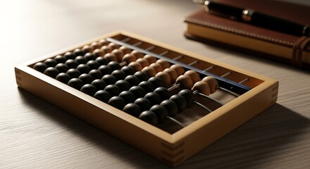 A close up of an abacus with black and beige beads next to a notebook and a pen on a table