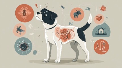 Illustrative dog anatomy showcasing health risks and wellness management, ideal for veterinary resources and pet care education, highlighting pet health and vitality
