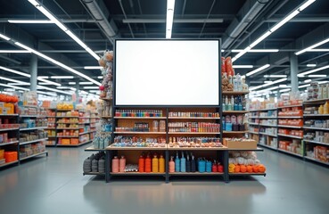 Craft supply aisle at megastore with blank display. Wide shot of shelving filled with art supplies. Empty white board on stand for custom ads. Perfect for hobby related marketing visuals.