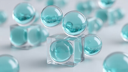 A collection of spheres in varying shades of blue, placed within a clear cube against a neutral background.