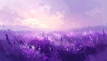 A digital painting of a field of lavender stretching toward a soft, hazy sunset. Brushstrokes depict purple flowers and a colorful sky
