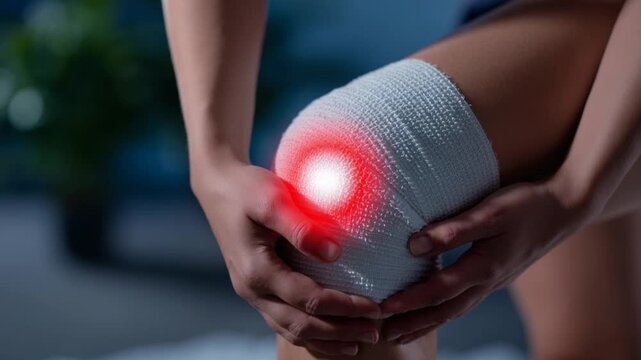 Close-up of a female leg with a knee wrapped in an elastic bandage, highlighting pain with a red glow, ideal for medical and orthopedic therapy themes.