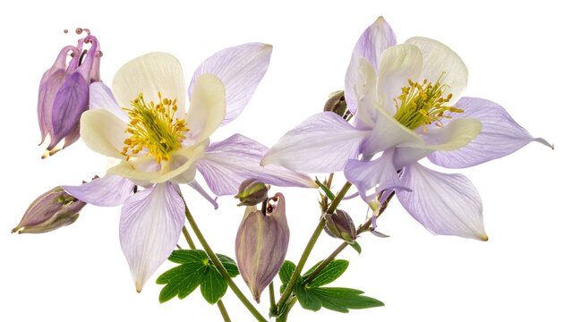 Delicate close-up of two blooming blue columbine flowers with a bright yellow center, showcasing intricate petals and lush green leaves - Powered by Adobe
