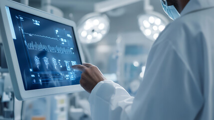 Medical professional using touchscreen in operating room. Monitoring equipment displays vital signs during surgery. Modern healthcare technology.