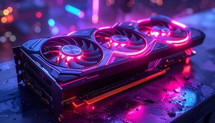 A high-angle shot captures a cutting-edge graphics card illuminated with vibrant neon hues, set against a blurred city nightscape