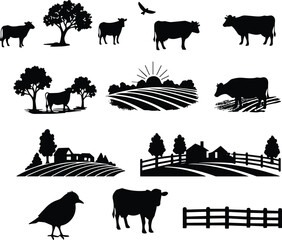 Farm cow silhouettes with countryside landscape, field, tree, fence, bird and nature rural agriculture vector illustration design
