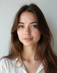 Fototapeta premium Portrait of pretty young woman. Girl with long brown hair looks. Lady in white shirt poses. Elegant face portrait for resume or social media profile. Clean portrait of youth.