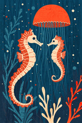Sea life card with seahorse and jellyfish. Vector illustration.