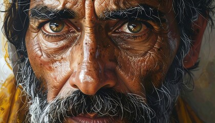 A hyper-realistic close-up captures an intense gaze. The face is weathered, with wrinkles and a rugged beard, highlighting age. Rich skin tones and striking eye color add depth