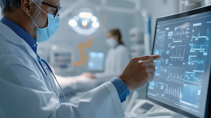 Examining vital signs displayed on screen. Doctor in mask analyzes patient data. Technology in medical practice.