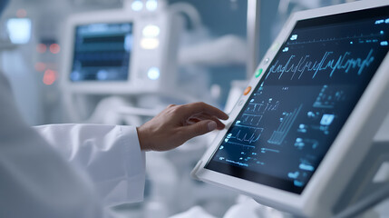Medical professional monitoring patient data on a touchscreen display device in a clinical environment.