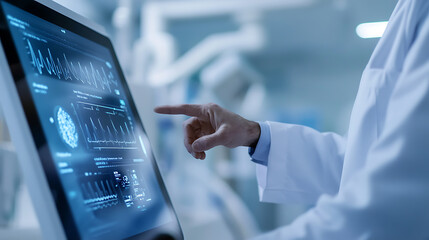 Doctor analyzing patient data on a digital screen, using touch interface for detailed examination and diagnostics. Medical technology in practice.