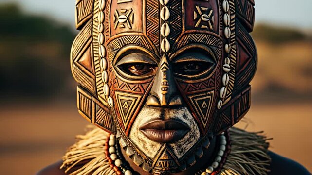 Man wearing a traditional ethnic tribal mask. African culture and ancient rituals concept footage.