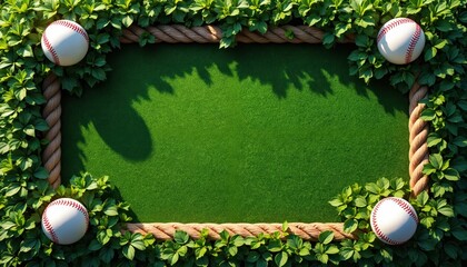 Baseball frame made of green foliage and rope with balls in corners. Copy space in center on green grass texture. Outdoor sports game concept.