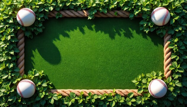 Baseball frame made of green foliage and rope with balls in corners. Copy space in center on green grass texture. Outdoor sports game concept.