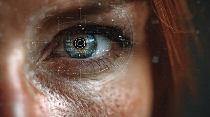 Futuristic eye with advanced technology overlay, explore cutting-edge vision and augmented reality, offering a glimpse into the future of digital interfaces and innovative biometric scanning