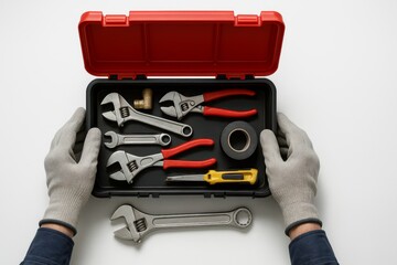 Toolbox with neatly arranged plumbing and repair tools on white background