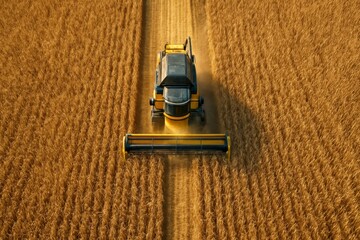 Yellow combine harvester working in golden wheat field during harvest season, aerial view of modern agricultural machinery cutting crops in straight rows under clear sky