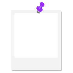 Blank Polaroid Photo Frame with Violet Pushpin on Transparent Background