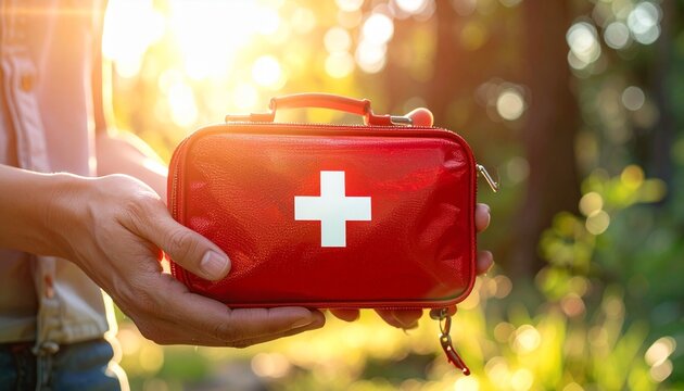 Person holding a red first aid kit with white cross, set against a glowing sunset—symbolizing health, safety, and preparedness in serene outdoor settings.