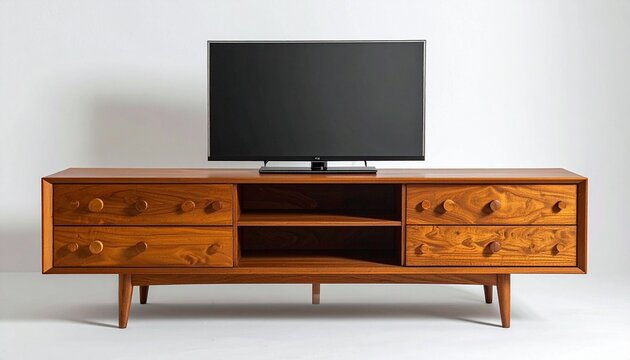 Mid-century wooden TV stand with carved drawers and open shelves, topped with a flat-screen TV&mdash;blending vintage design and modern technology.