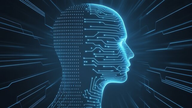 Glowing blue digital human head silhouette with circuit board patterns and binary code technology - Powered by Adobe