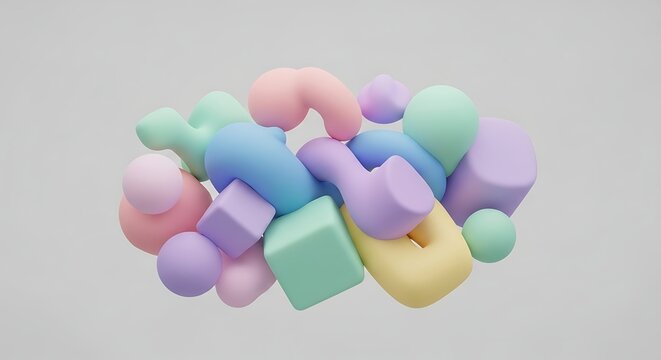 A cluster of pastel colored geometric shapes floating against a light gray background in rendering