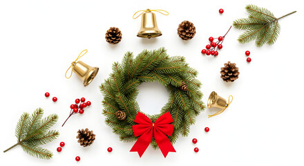 A festive Christmas wreath with holiday decorations, exuding warmth and cheer. The scene features a wreath, bells, red bow, pine cones, and berries