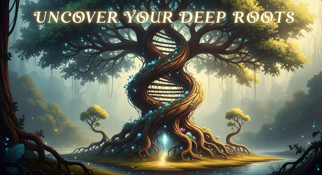 A mystical tree with a DNA helix trunk glowing in an enchanted forest, symbolizing deep roots and ancestry.