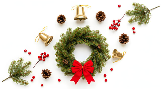 A festive Christmas wreath with holiday decorations, exuding warmth and cheer. The scene features a wreath, bells, red bow, pine cones, and berries - Powered by Adobe