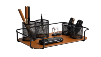 Metal desk organizer with a tan tray, pens, and earbuds
