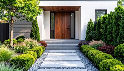 Modern house exterior with wood and stone accents, lush landscaping, and a clean concrete pathway leading to a grand entrance.