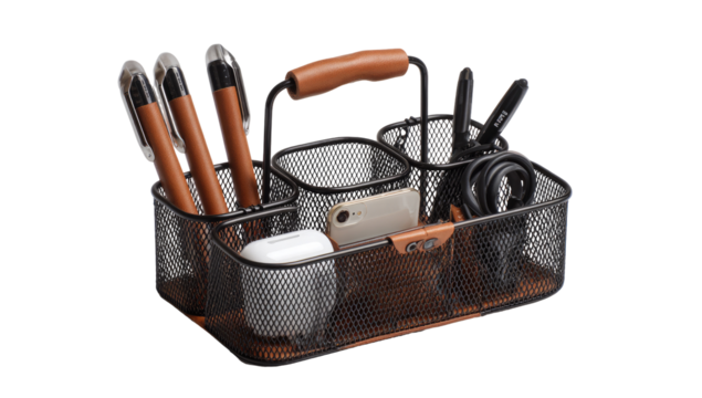 Metal organizer with tan accents