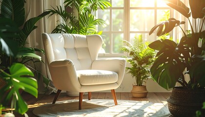 Cozy armchair in a sunlit room filled with lush plants