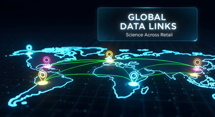 Global data links connecting retail science across a digital world map with glowing location pins and network lines.
