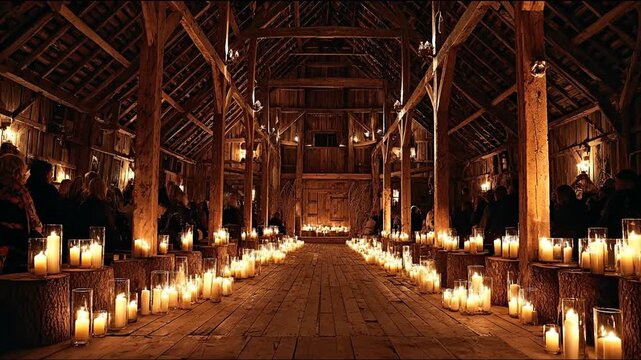 Enchanting rustic barn interior illuminated by countless flickering candles, creating a warm, romantic, and atmospheric setting for a special event or ceremony.