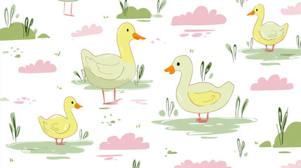 Seamless pastel pattern with cute geese on meadow, playful ducks illustration for children