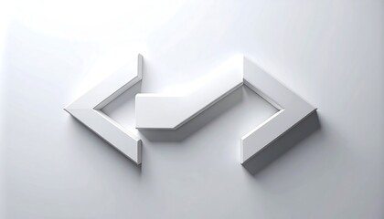 A minimalist, 3D-rendered white abstract geometric symbol. Shadow and light accent the textured surface. The design projects from a clean, white backdrop