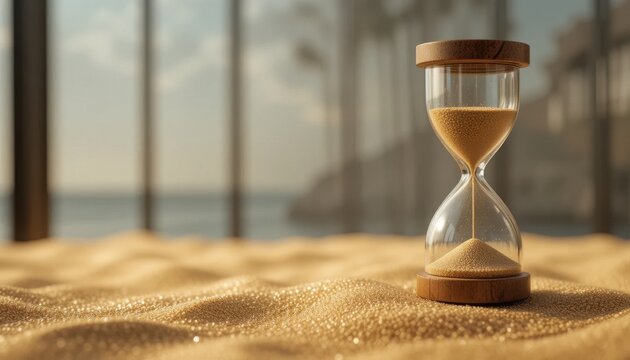 Sand Hourglass Resting on Smooth Dunes With a Scenic Ocean View in the Background During Golden Hour Sunlight