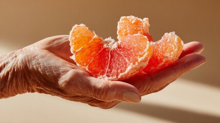 Macro overhead image of two peeled grapefruit segments resting on a senior hand with soft lighting