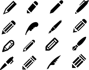 Assorted Writing Tools Icon Set Featuring Pencils, Pens, Markers, Erasers, Quill and Ruler