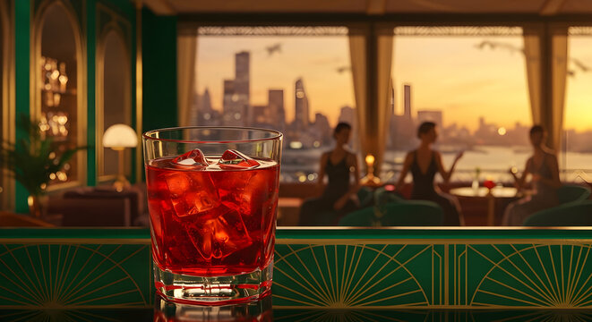 An Art Deco illustration of Campari in a hand-blown glass in a lavish New York rooftop bar. Geometric patterns and bokeh lights contribute to a luxurious and romantic atmosphere