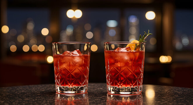 An Art Deco illustration of Campari in a hand-blown glass in a lavish New York rooftop bar. Geometric patterns and bokeh lights contribute to a luxurious and romantic atmosphere.