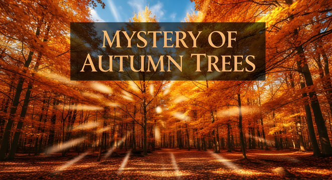 A beautiful autumn forest with golden orange leaves and sun rays streaming through the trees, creating a mysterious and warm atmosphere.