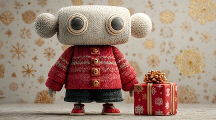 Delightful handcrafted toy figure presents a festive Christmas gift with a beautiful bow, radiating holiday cheer and whimsical charm this season