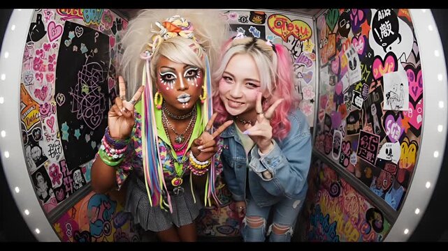 日本の若者文化、ギャル二人組の楽しいプリクラ撮影