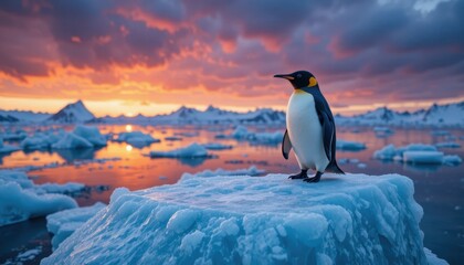 Fototapeta premium Emperor Penguin Standing on an Ice Floe During Sunset in a Remote Antarctic Landscape